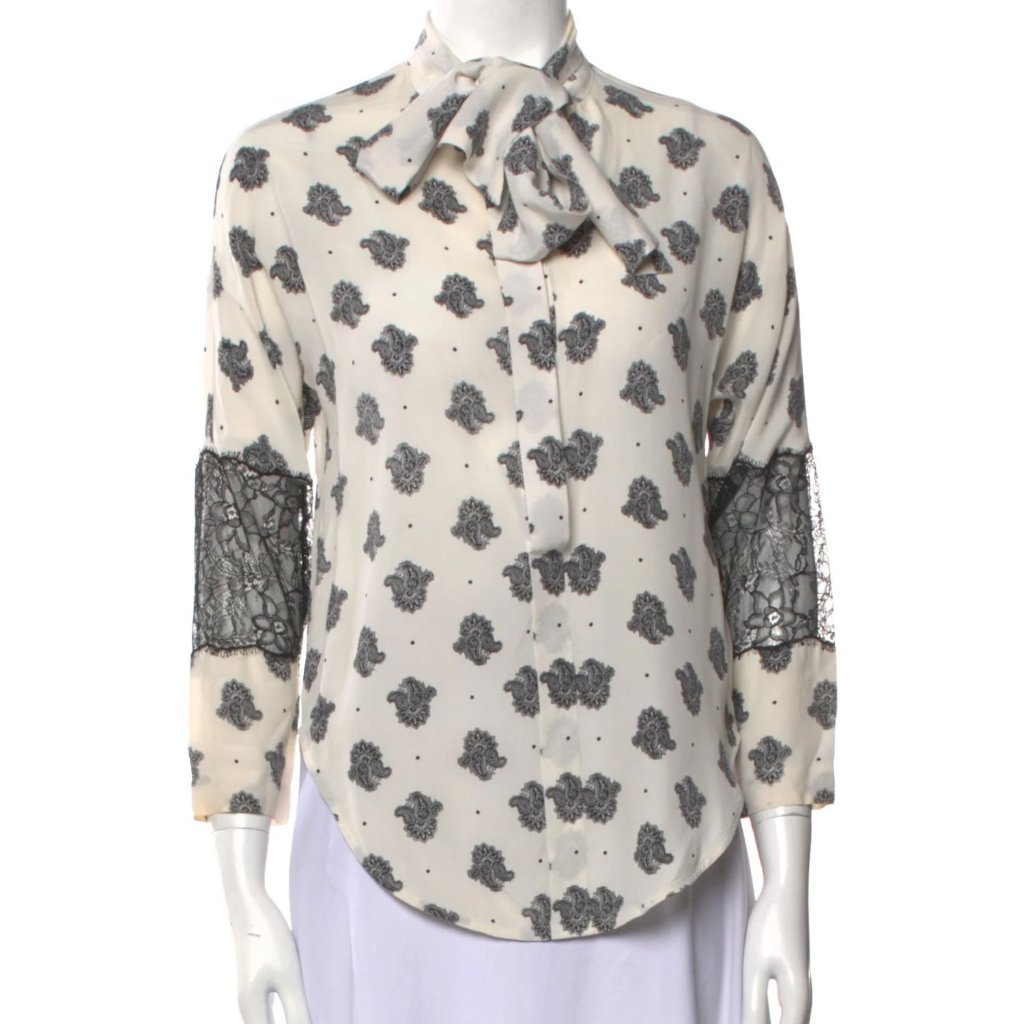 Sandro Silk Paisley Print Pussybow Blouse With Lace Cuffs - Ivory/Gray